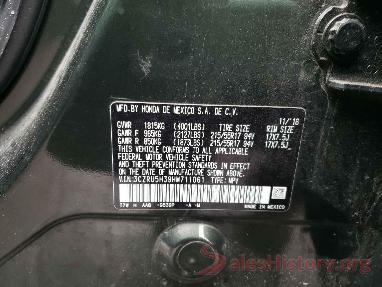 3CZRU5H39HM711061 2017 HONDA HR-V