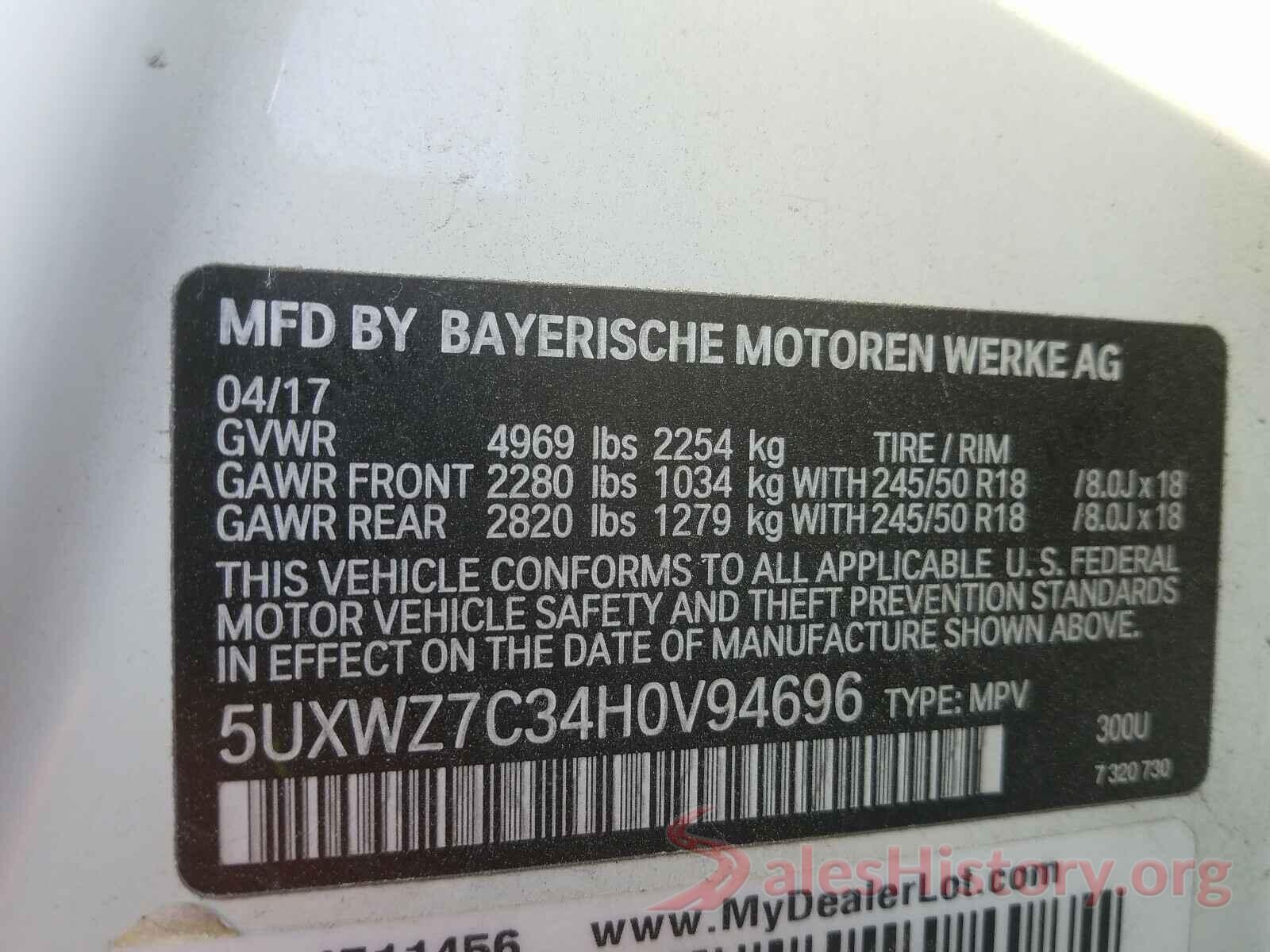 5UXWZ7C34H0V94696 2017 BMW X3