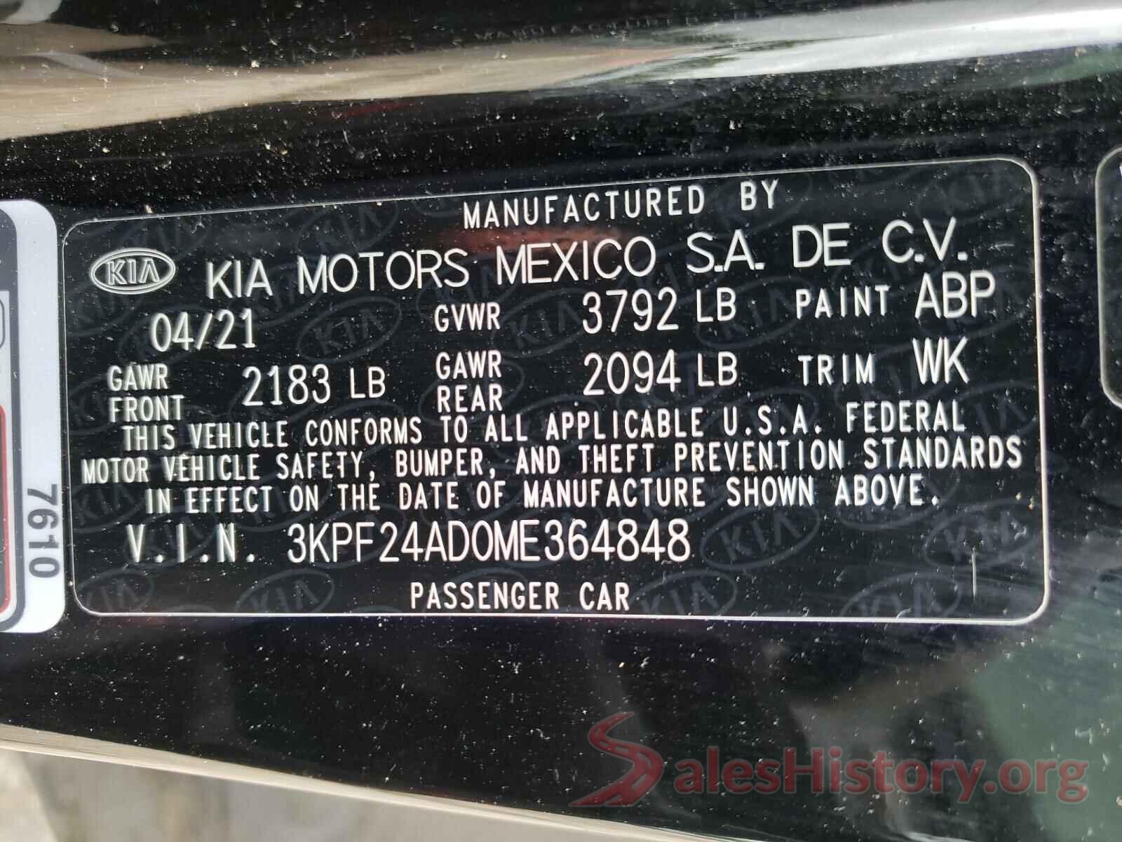 3KPF24AD0ME364848 2021 KIA FORTE