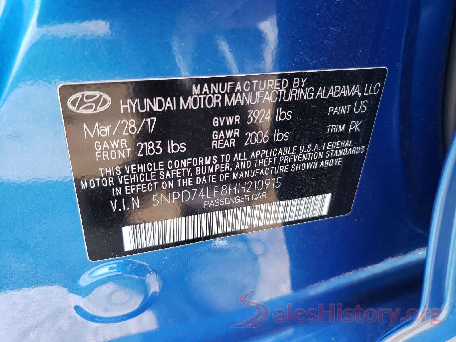 5NPD74LF8HH210915 2017 HYUNDAI ELANTRA