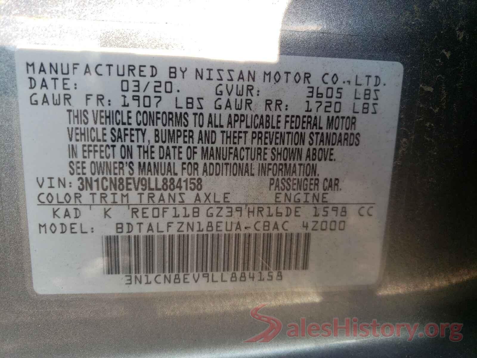 3N1CN8EV9LL884158 2020 NISSAN VERSA