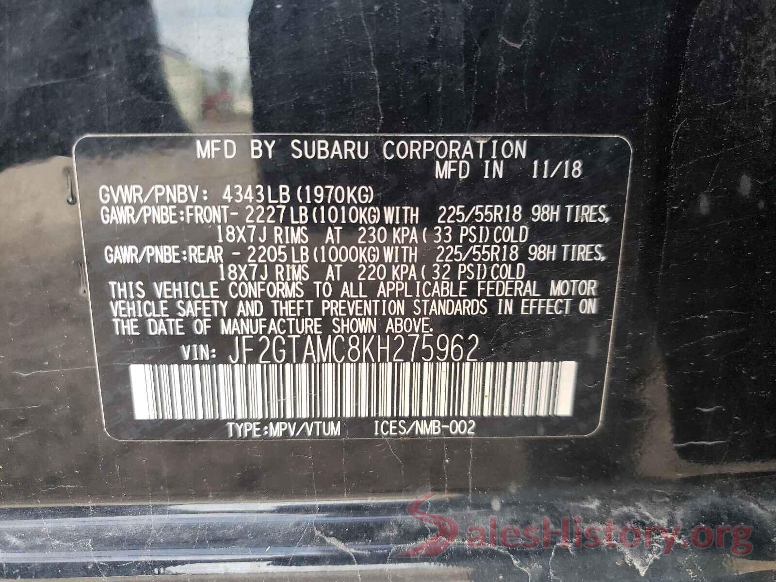 JF2GTAMC8KH275962 2019 SUBARU CROSSTREK