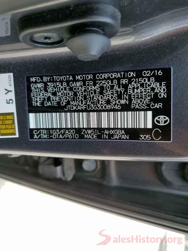 JTDKARFU3G3008946 2016 TOYOTA PRIUS