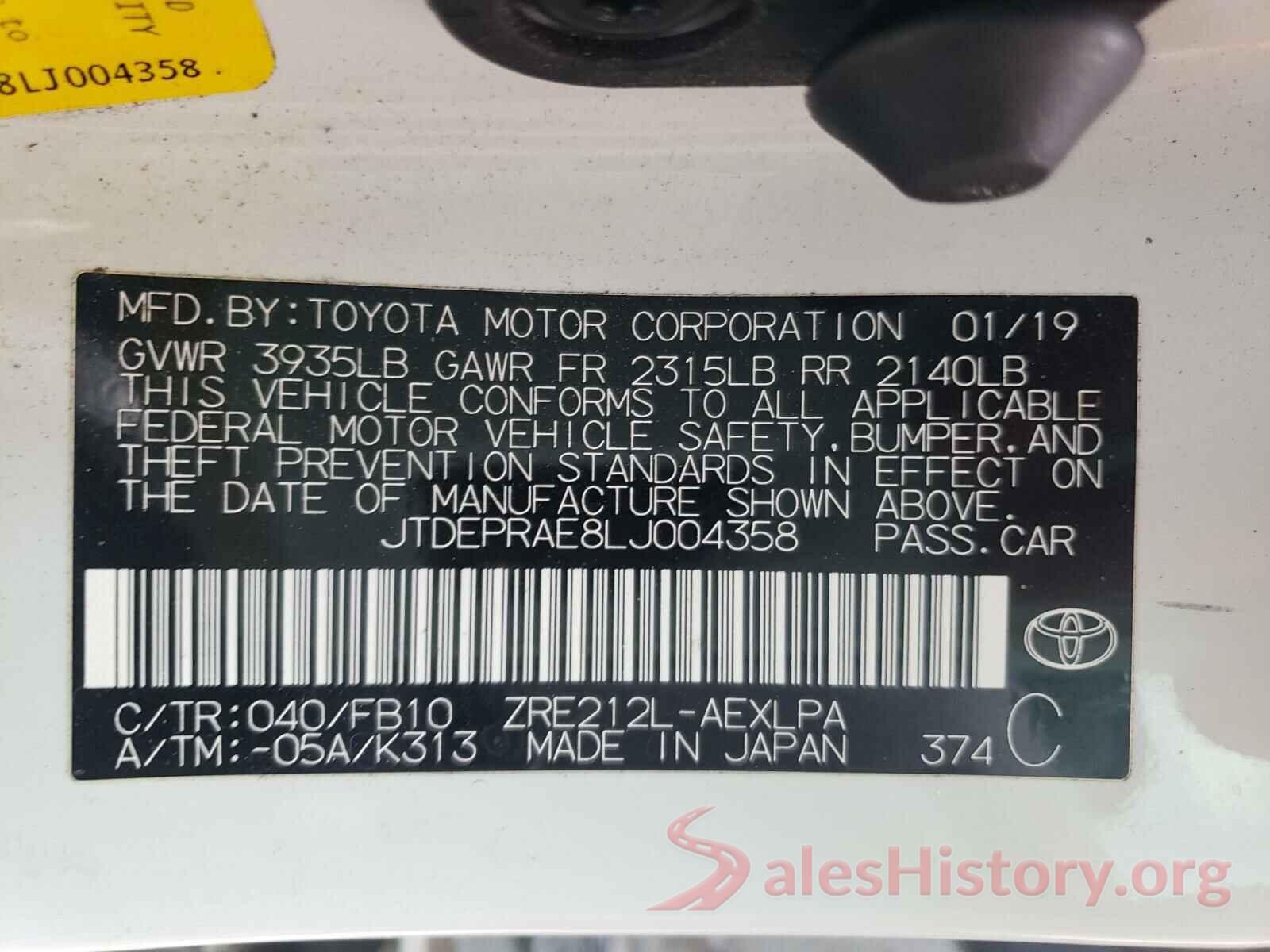 JTDEPRAE8LJ004358 2020 TOYOTA COROLLA