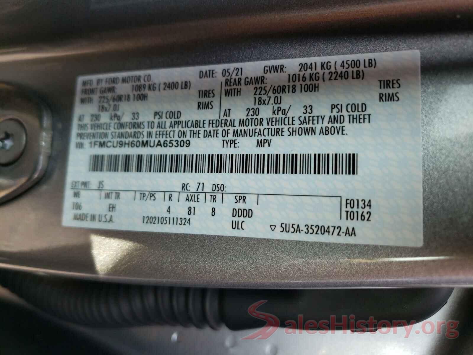 1FMCU9H60MUA65309 2021 FORD ESCAPE