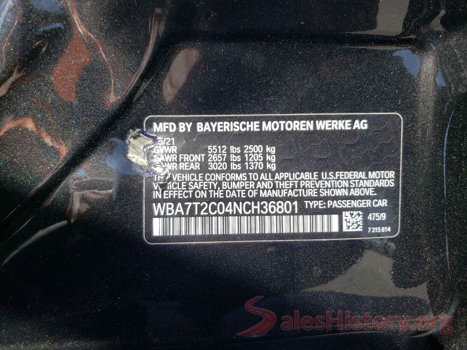 WBA7T2C04NCH36801 2022 BMW 7 SERIES