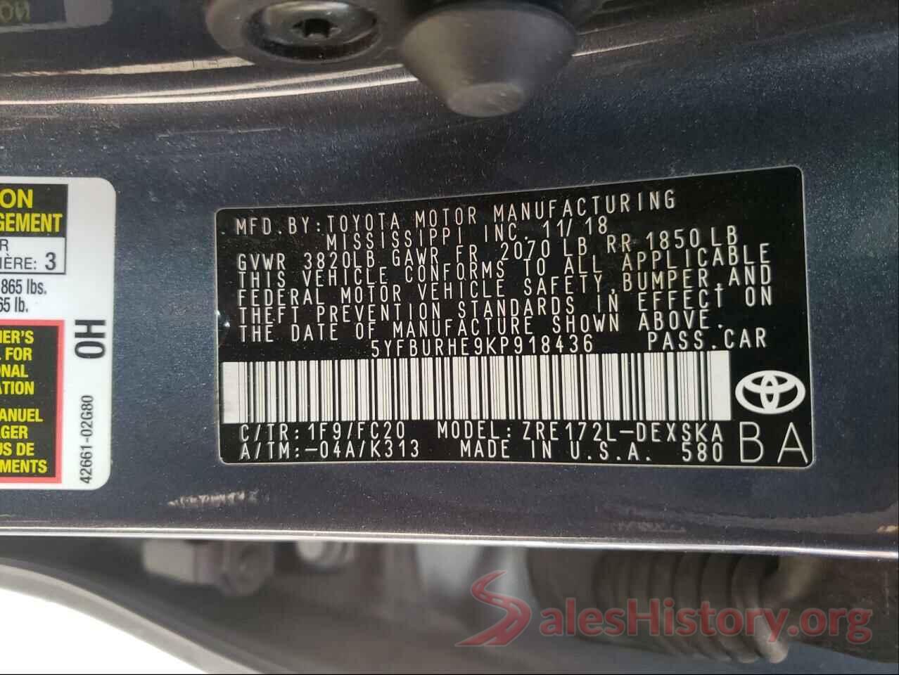 5YFBURHE9KP918436 2019 TOYOTA COROLLA