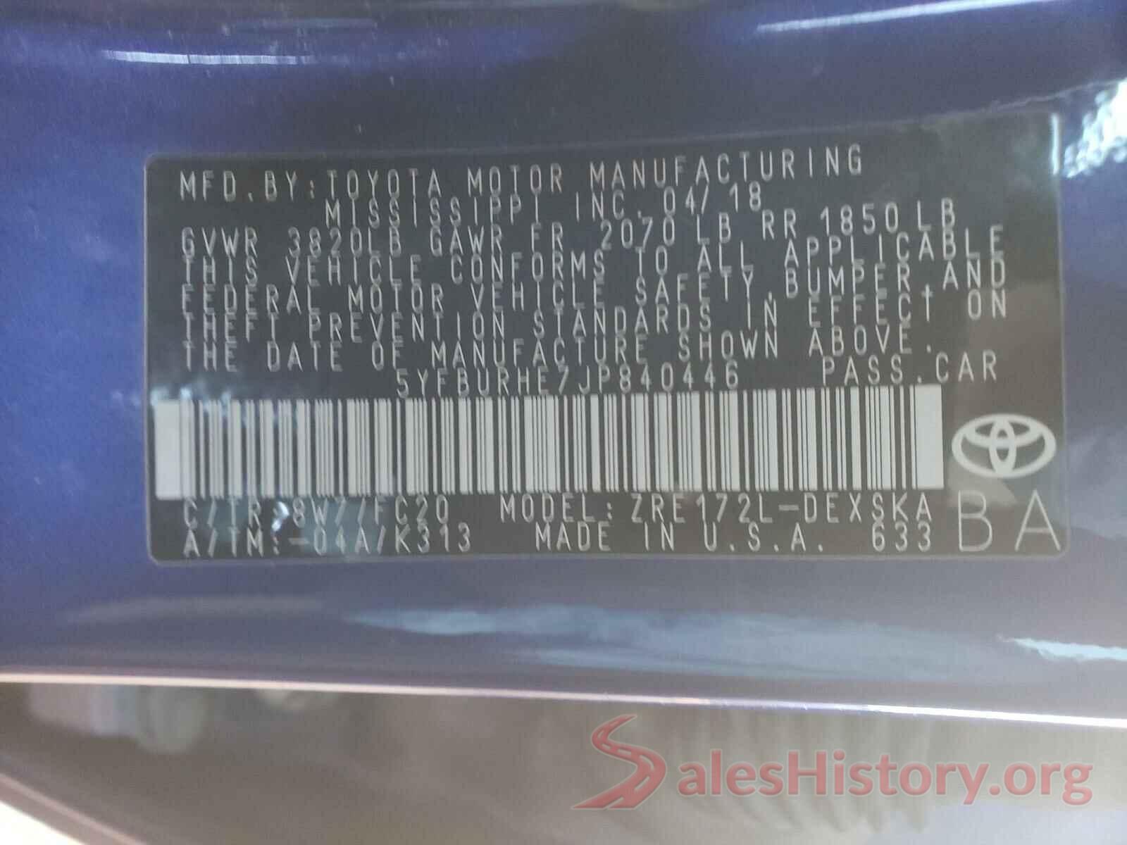 5YFBURHE7JP840446 2018 TOYOTA COROLLA