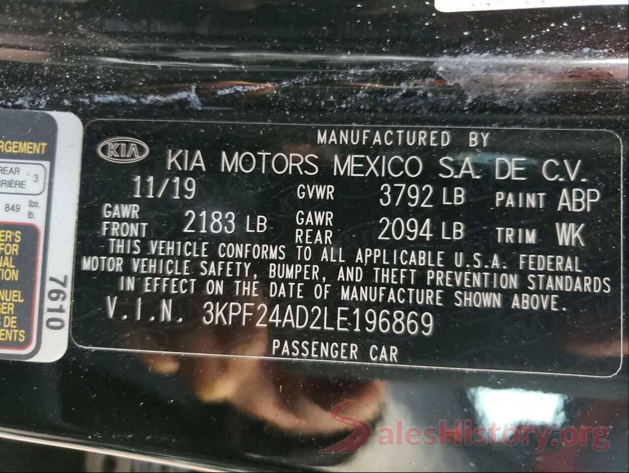 3KPF24AD2LE196869 2020 KIA FORTE