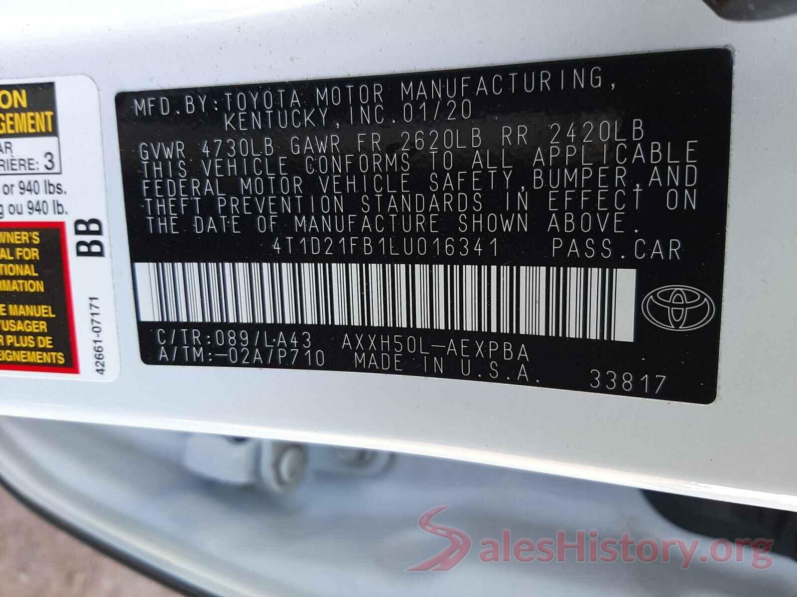 4T1D21FB1LU016341 2020 TOYOTA AVALON