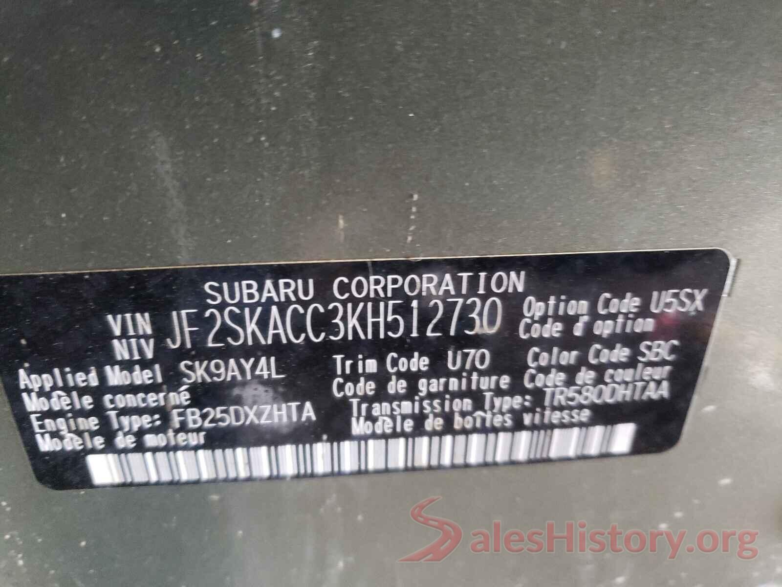 JF2SKACC3KH512730 2019 SUBARU FORESTER