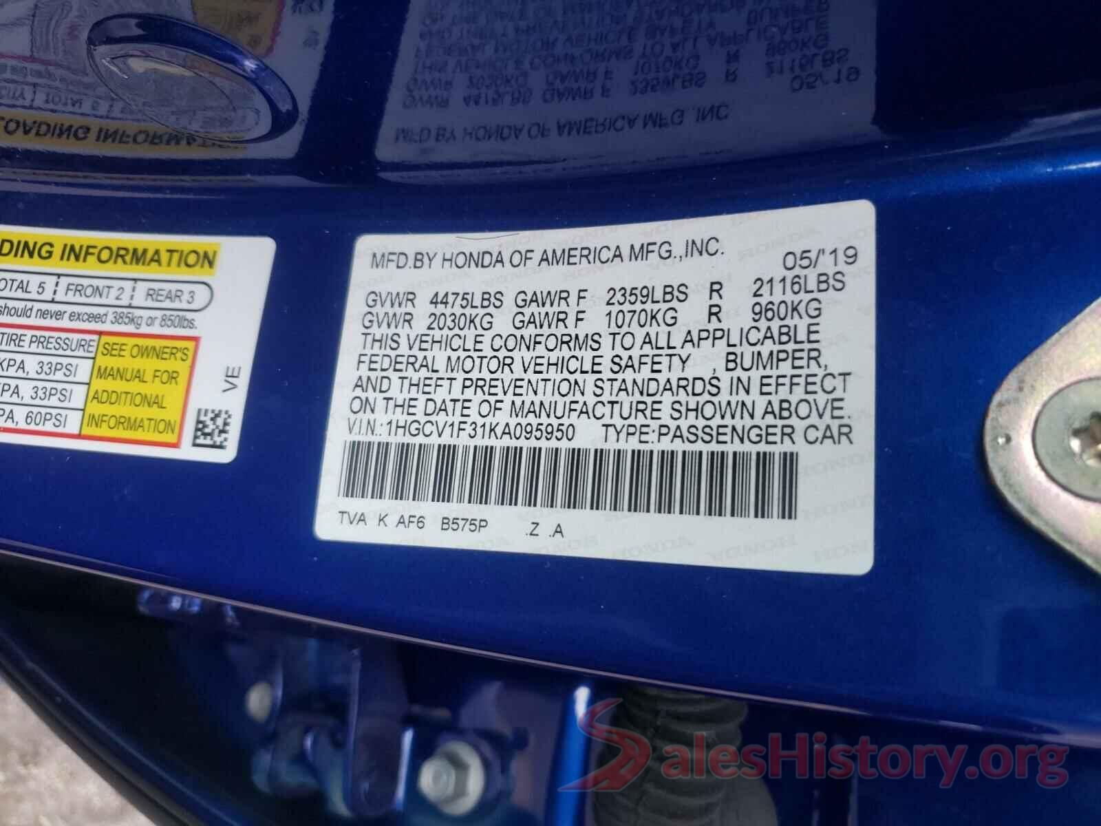 1HGCV1F31KA095950 2019 HONDA ACCORD