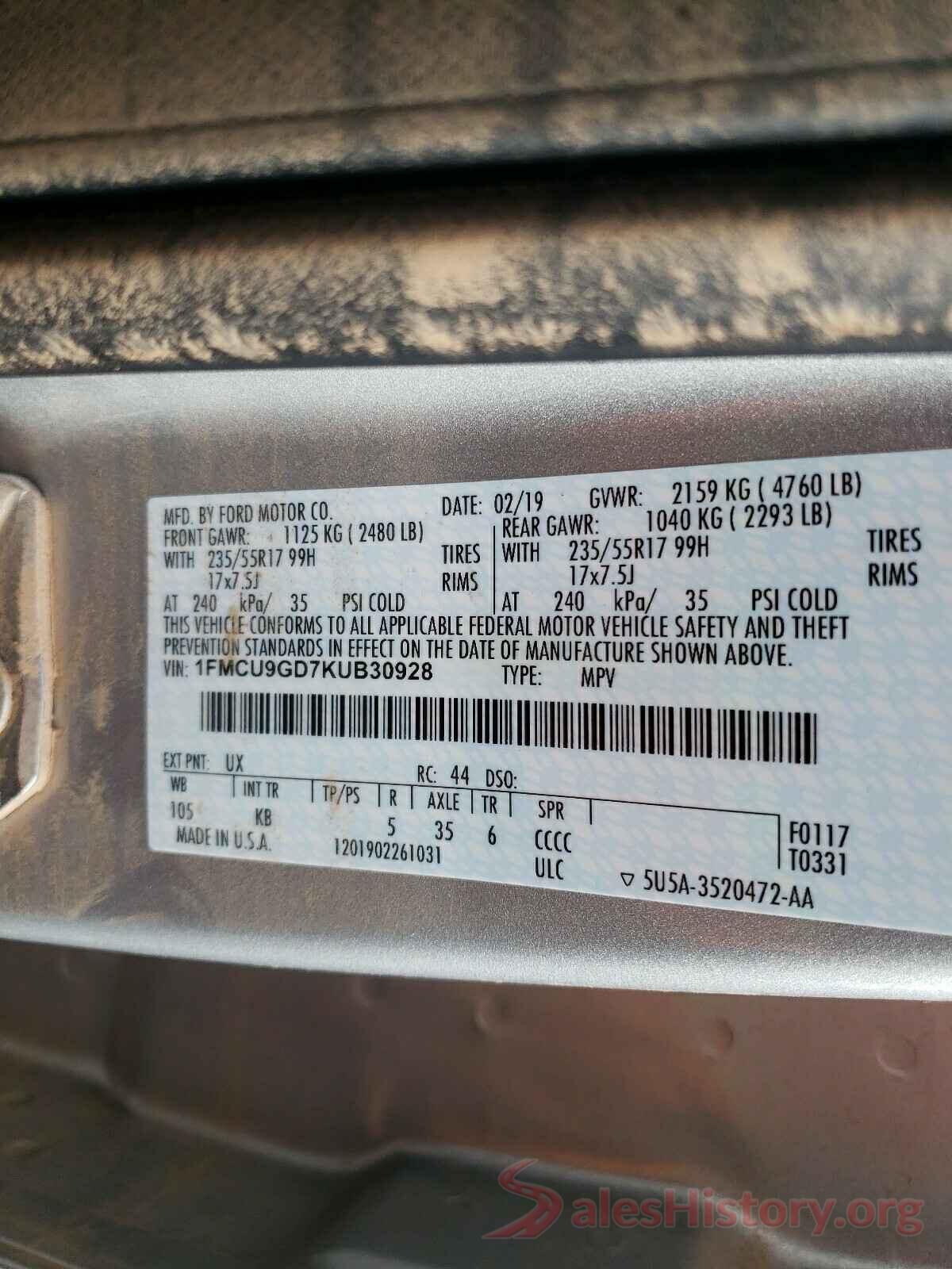 1FMCU9GD7KUB30928 2019 FORD ESCAPE