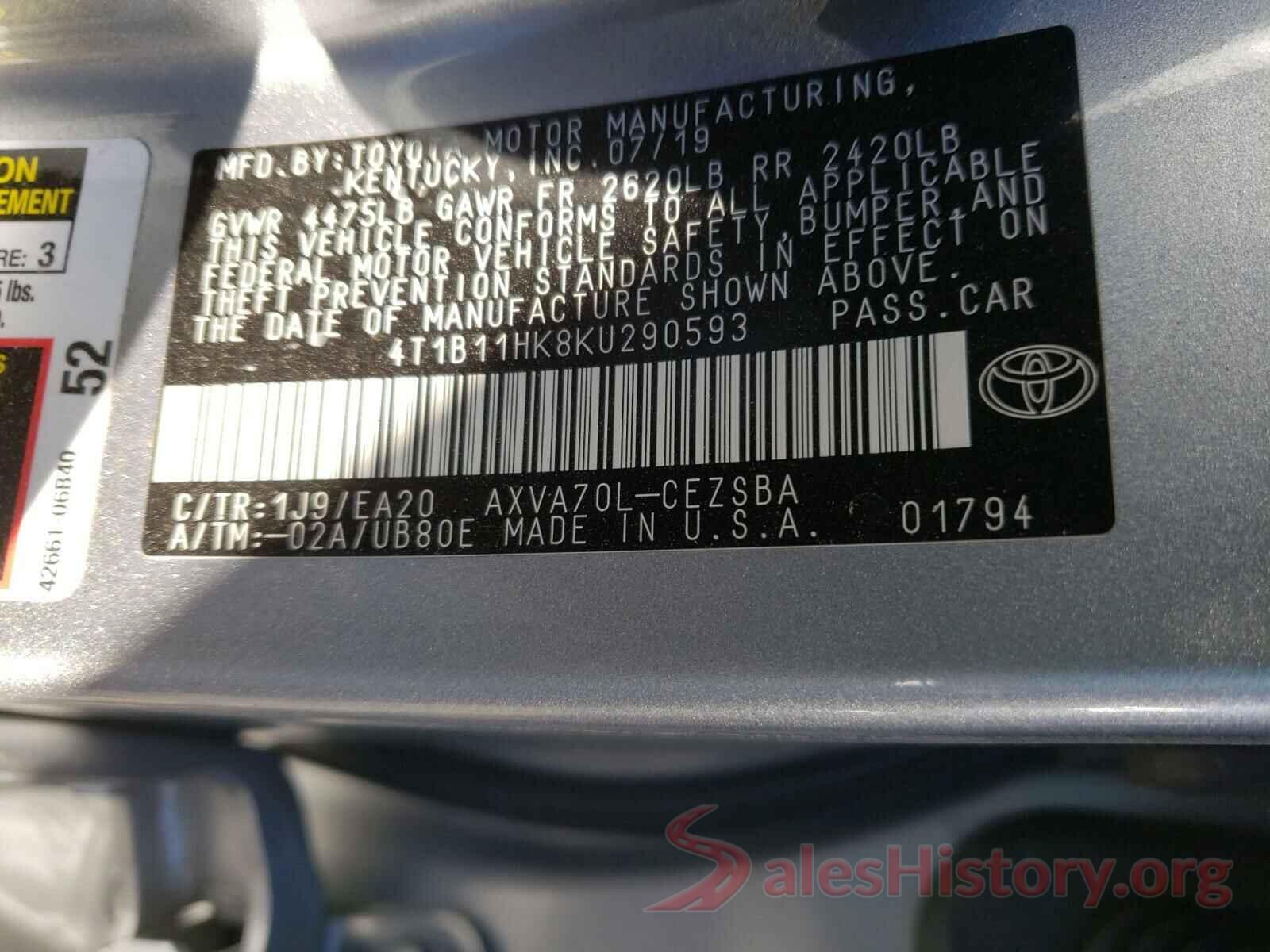 4T1B11HK8KU290593 2019 TOYOTA CAMRY