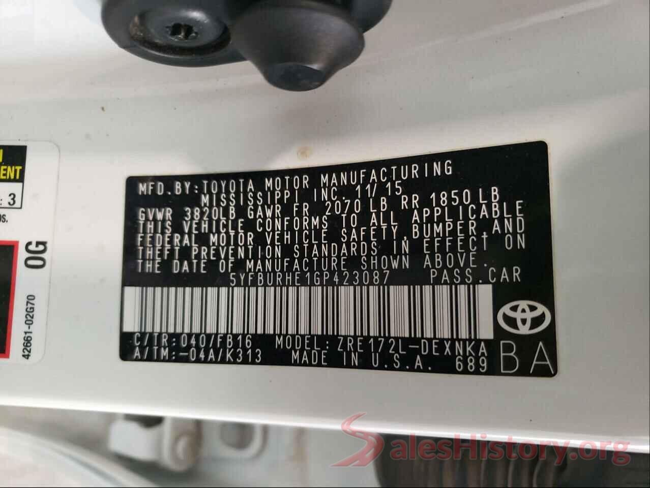 5YFBURHE1GP423087 2016 TOYOTA COROLLA