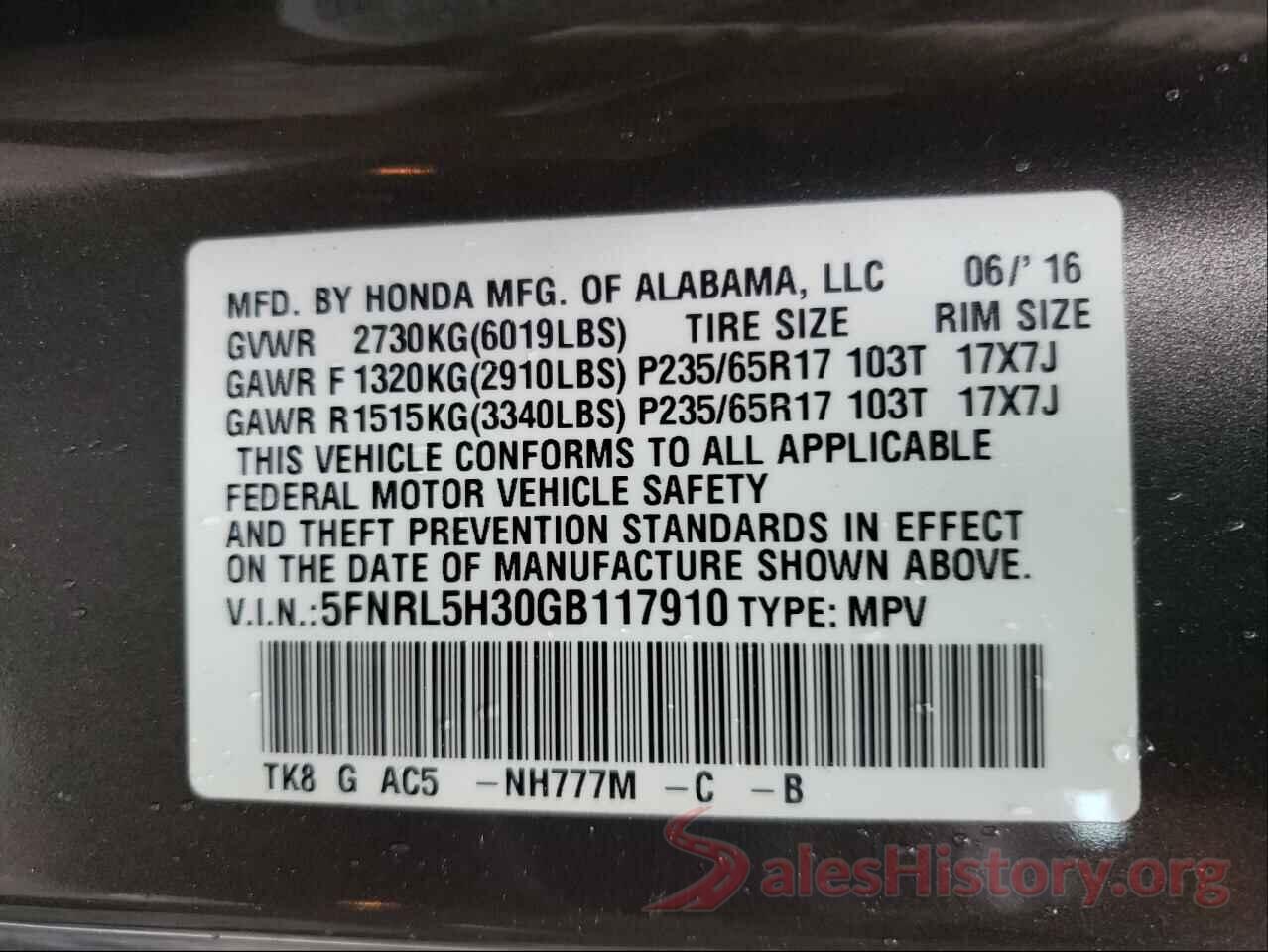 5FNRL5H30GB117910 2016 HONDA ODYSSEY