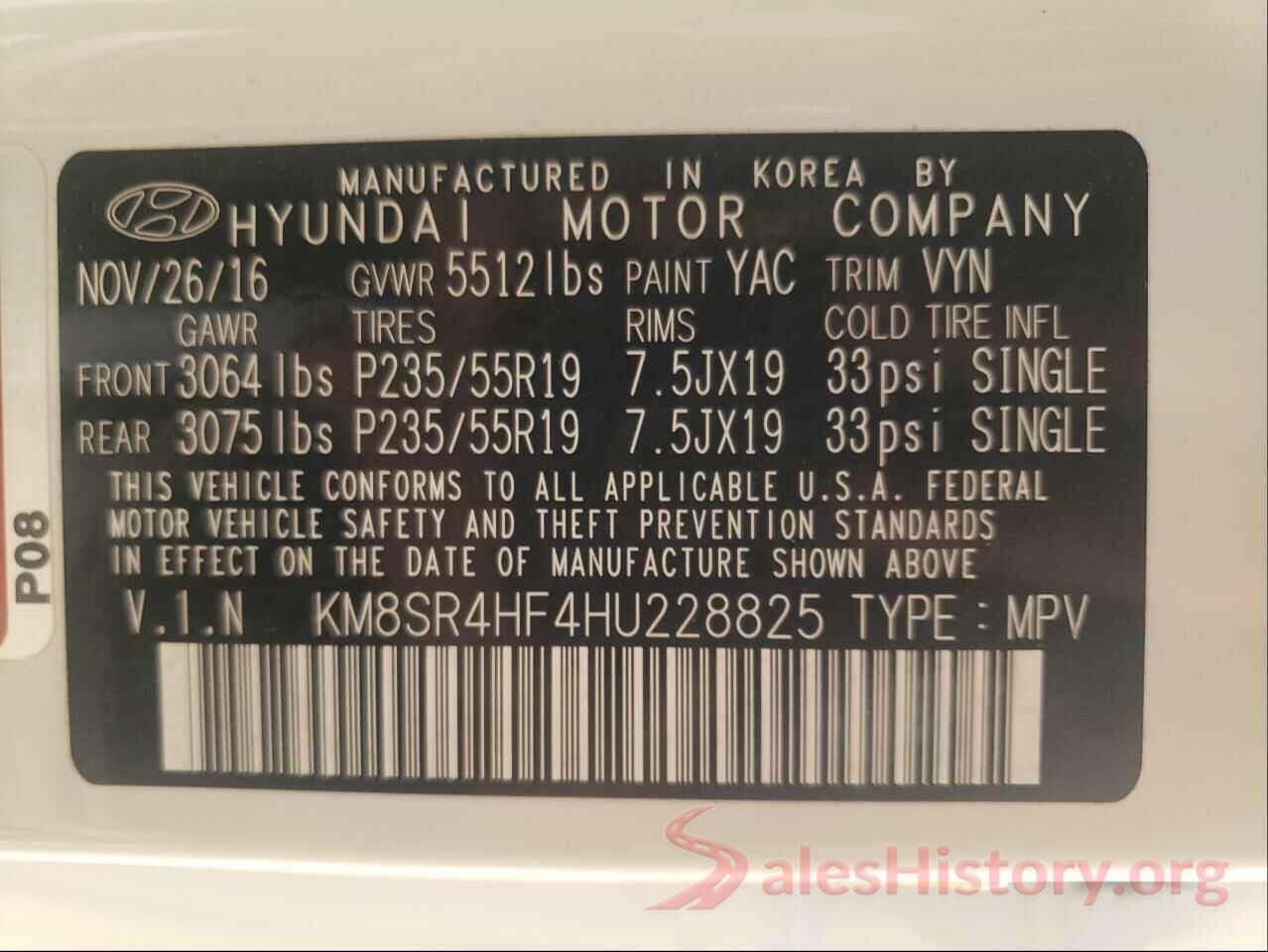 KM8SR4HF4HU228825 2017 HYUNDAI SANTA FE