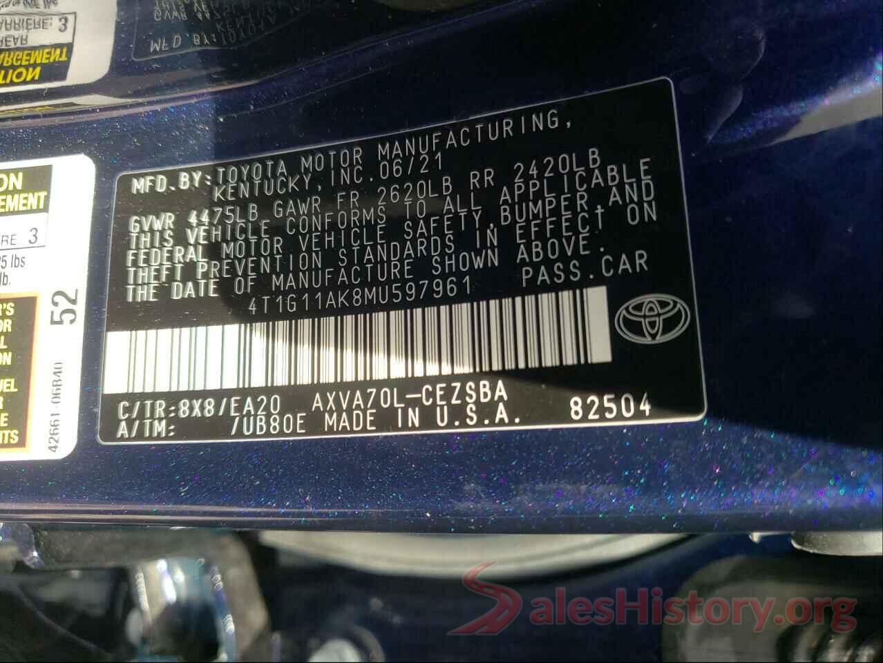 4T1G11AK8MU597961 2021 TOYOTA CAMRY