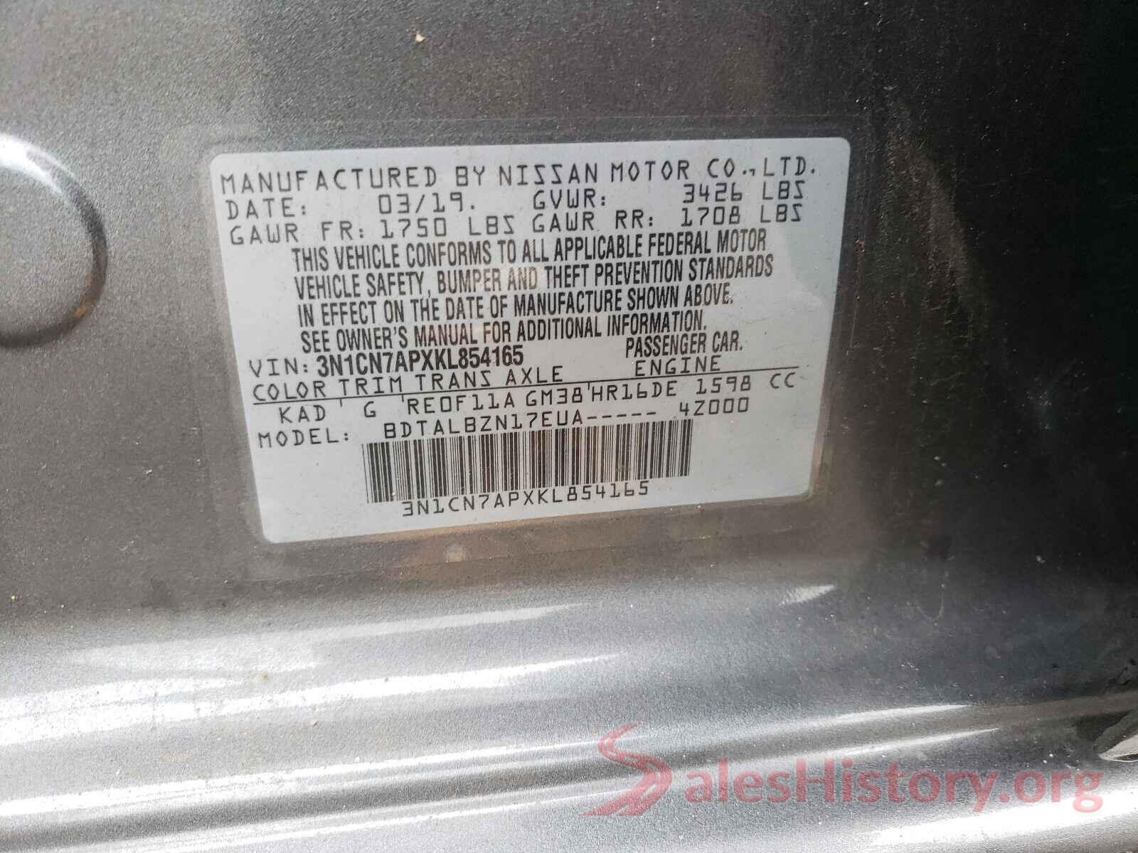 3N1CN7APXKL854165 2019 NISSAN VERSA