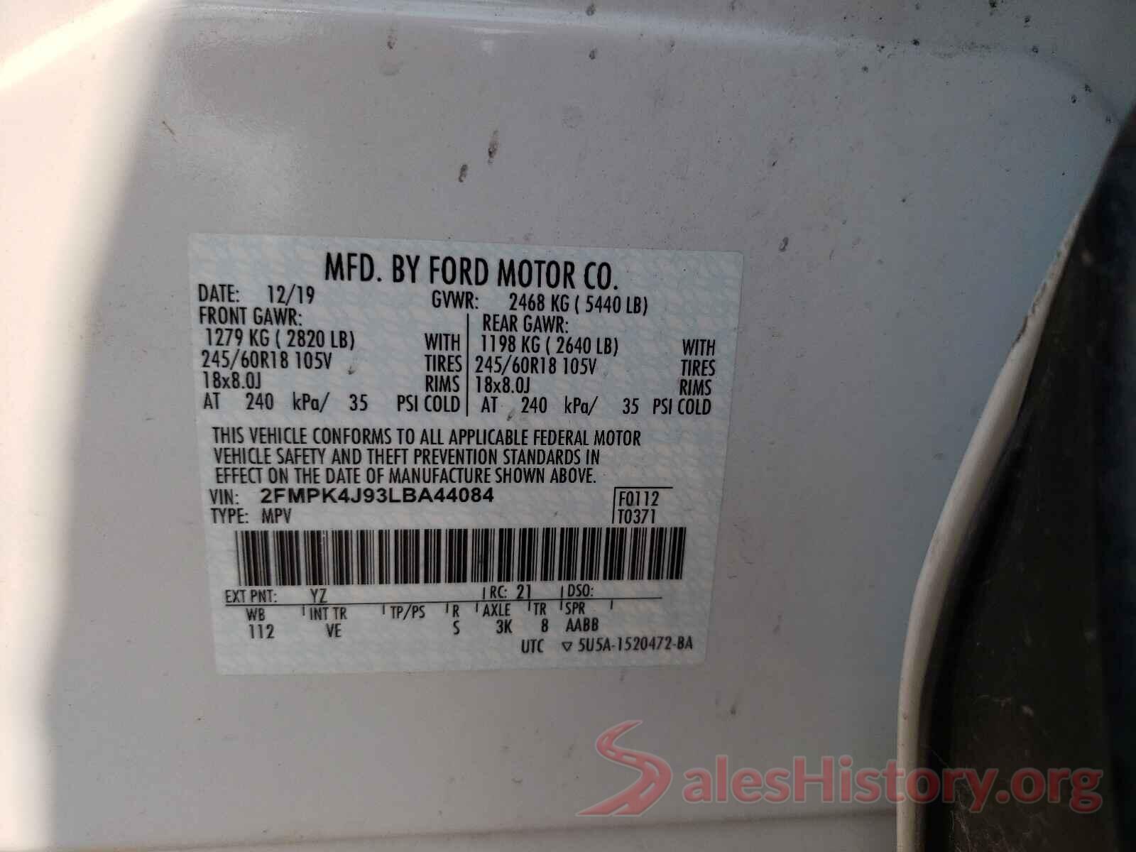 2FMPK4J93LBA44084 2020 FORD EDGE