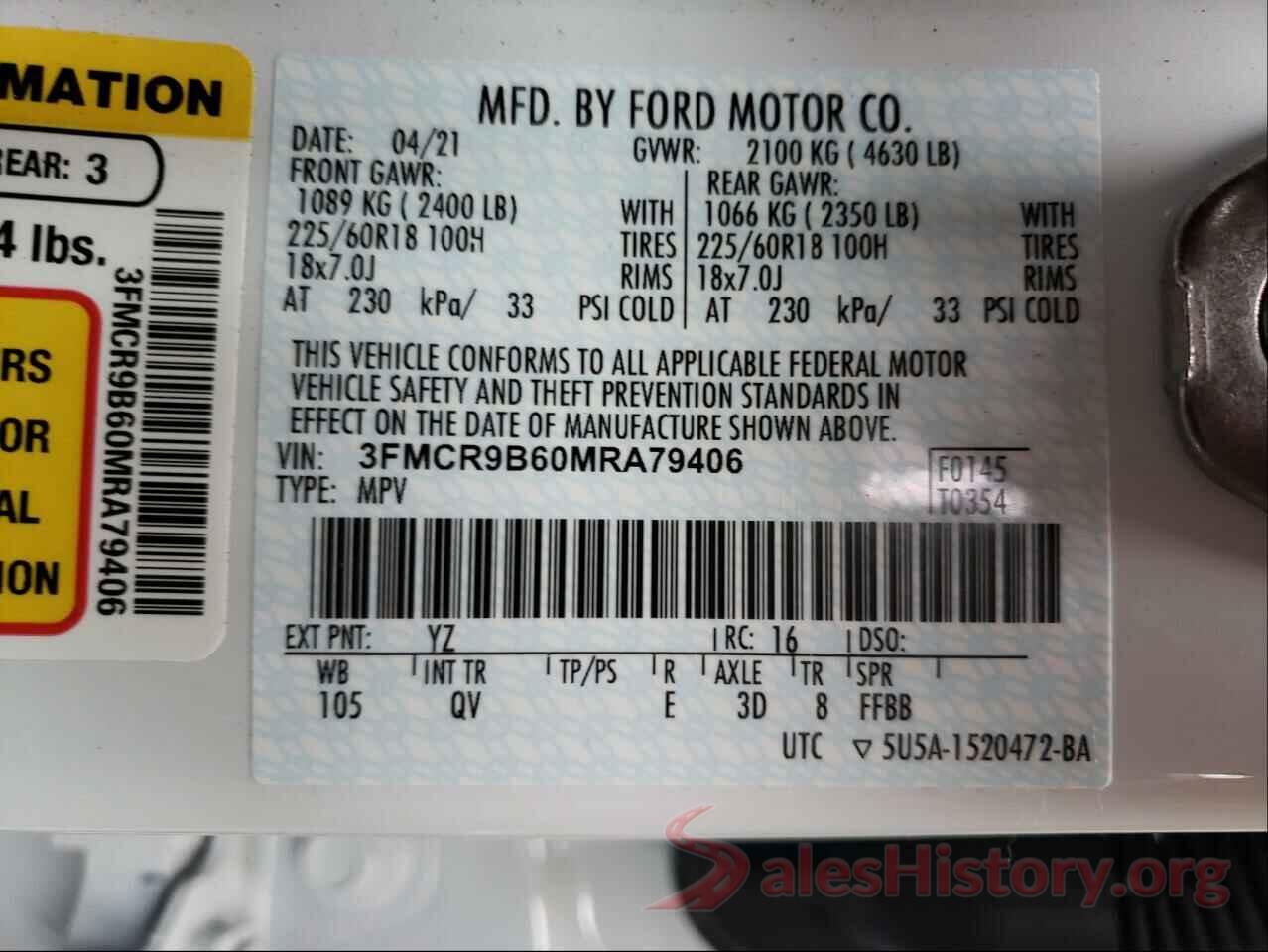 3FMCR9B60MRA79406 2021 FORD BRONCO