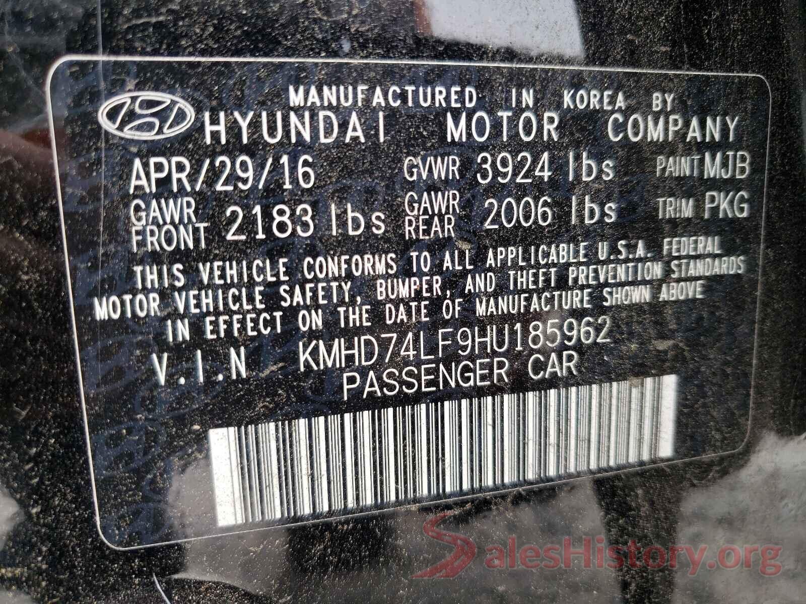 KMHD74LF9HU185962 2017 HYUNDAI ELANTRA