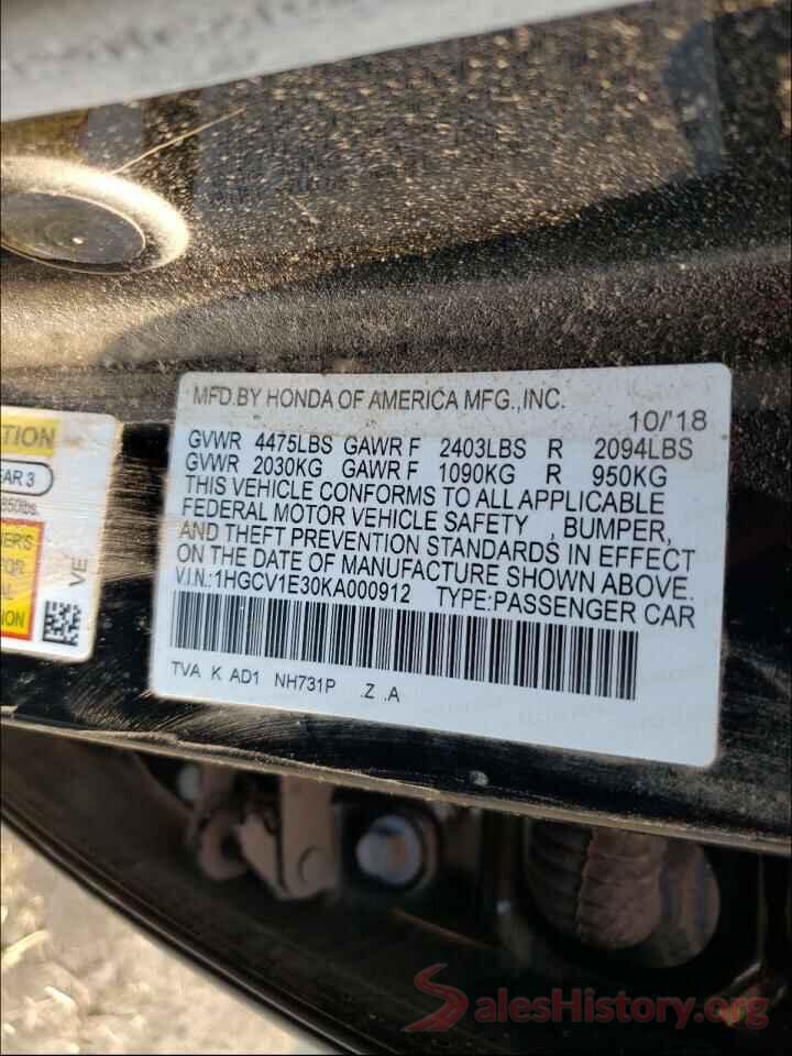 1HGCV1E30KA000912 2019 HONDA ACCORD