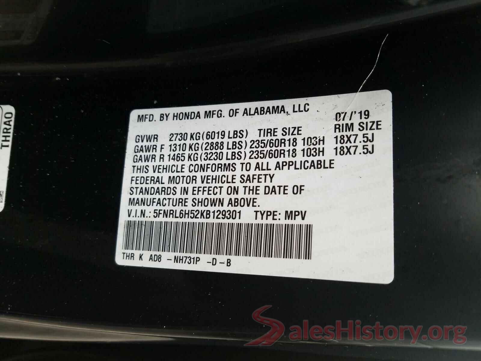 5FNRL6H52KB129301 2019 HONDA ODYSSEY