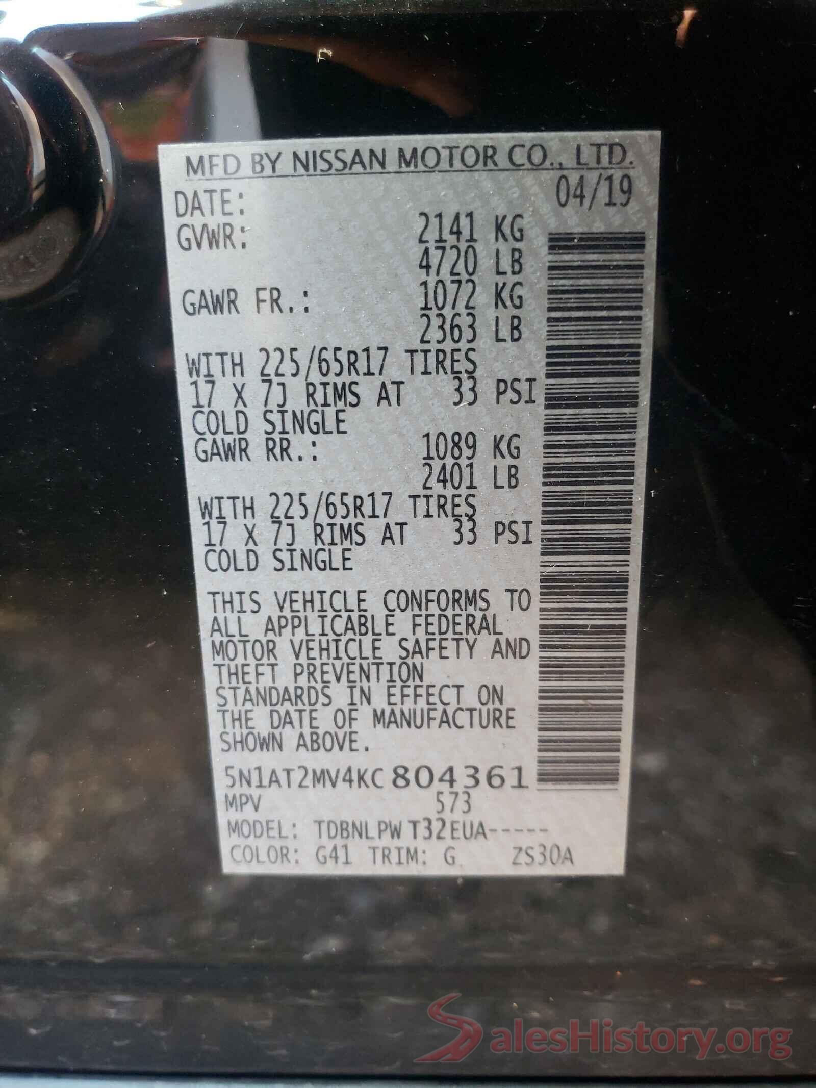 5N1AT2MV4KC804361 2019 NISSAN ROGUE