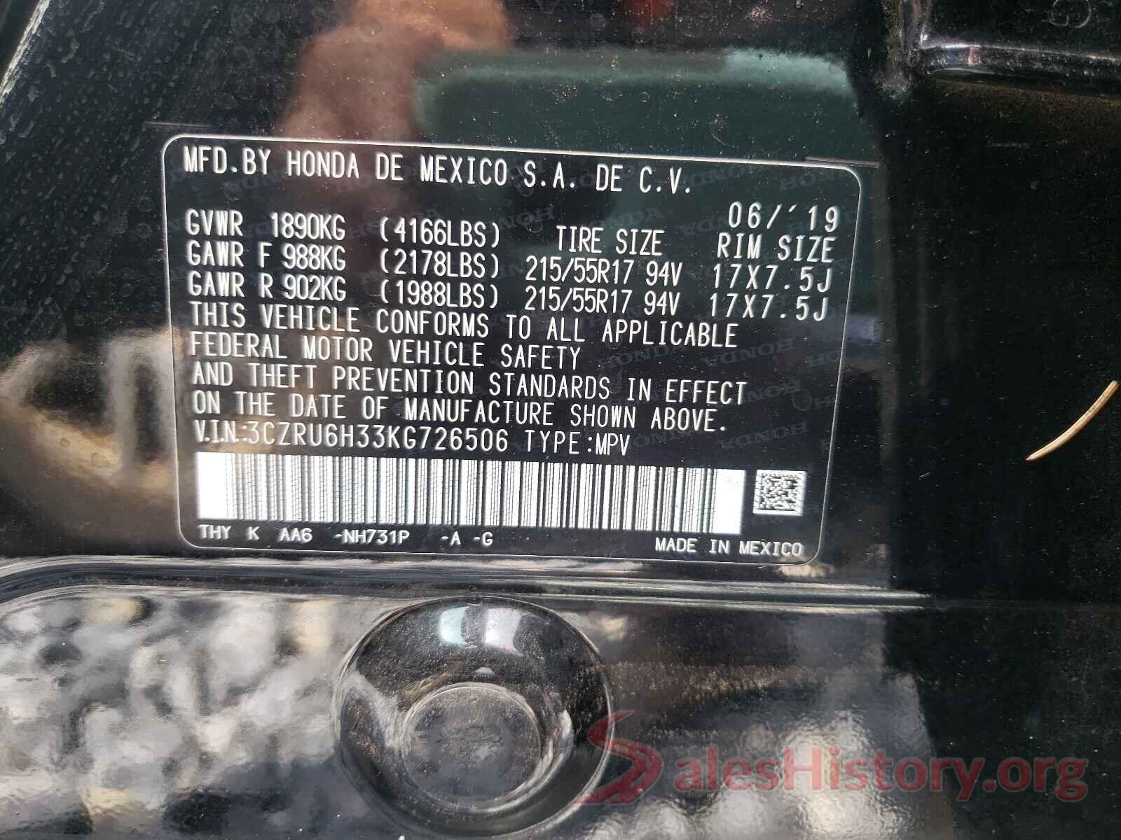 3CZRU6H33KG726506 2019 HONDA HR-V