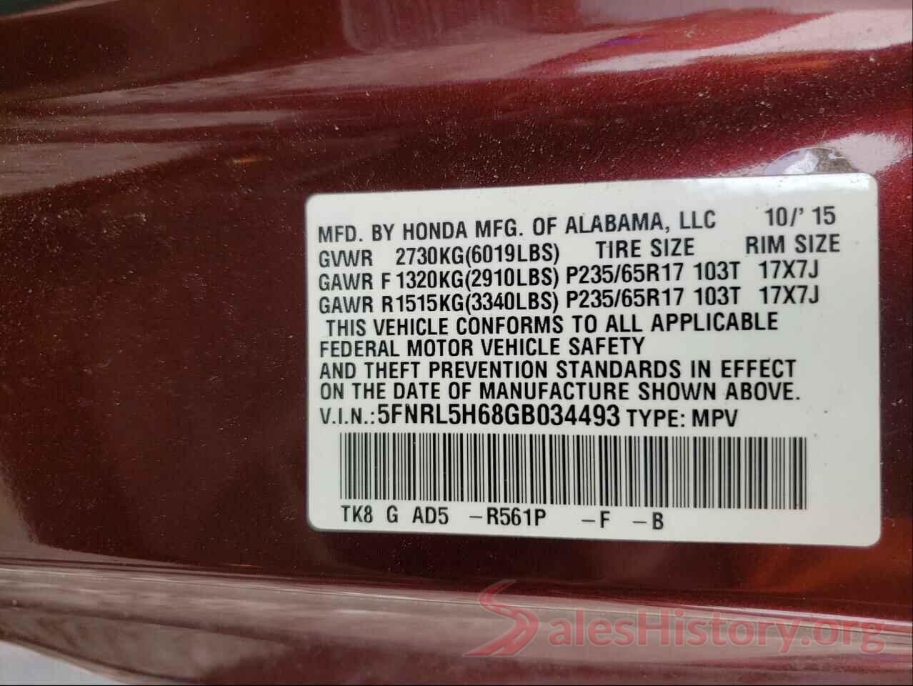 5FNRL5H68GB034493 2016 HONDA ODYSSEY