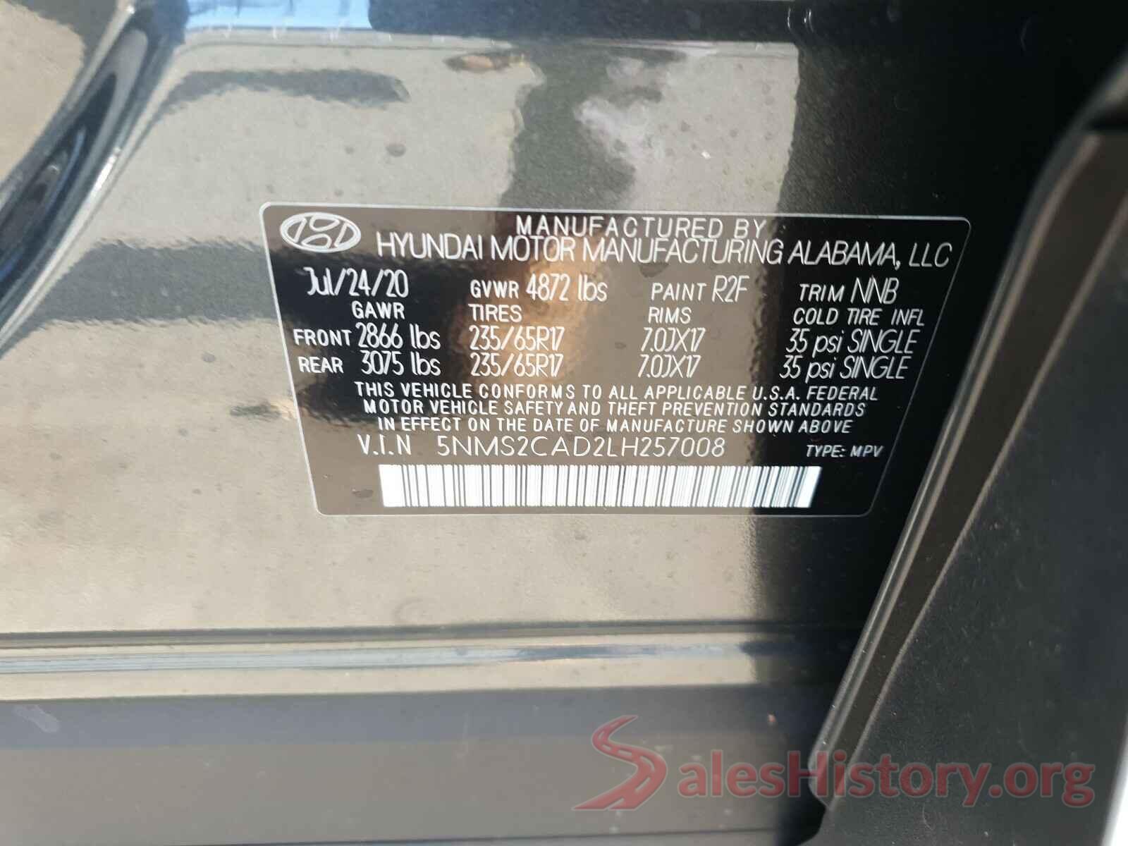 5NMS2CAD2LH257008 2020 HYUNDAI SANTA FE