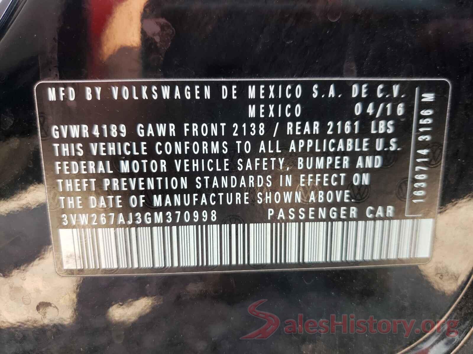 3VW267AJ3GM370998 2016 VOLKSWAGEN JETTA