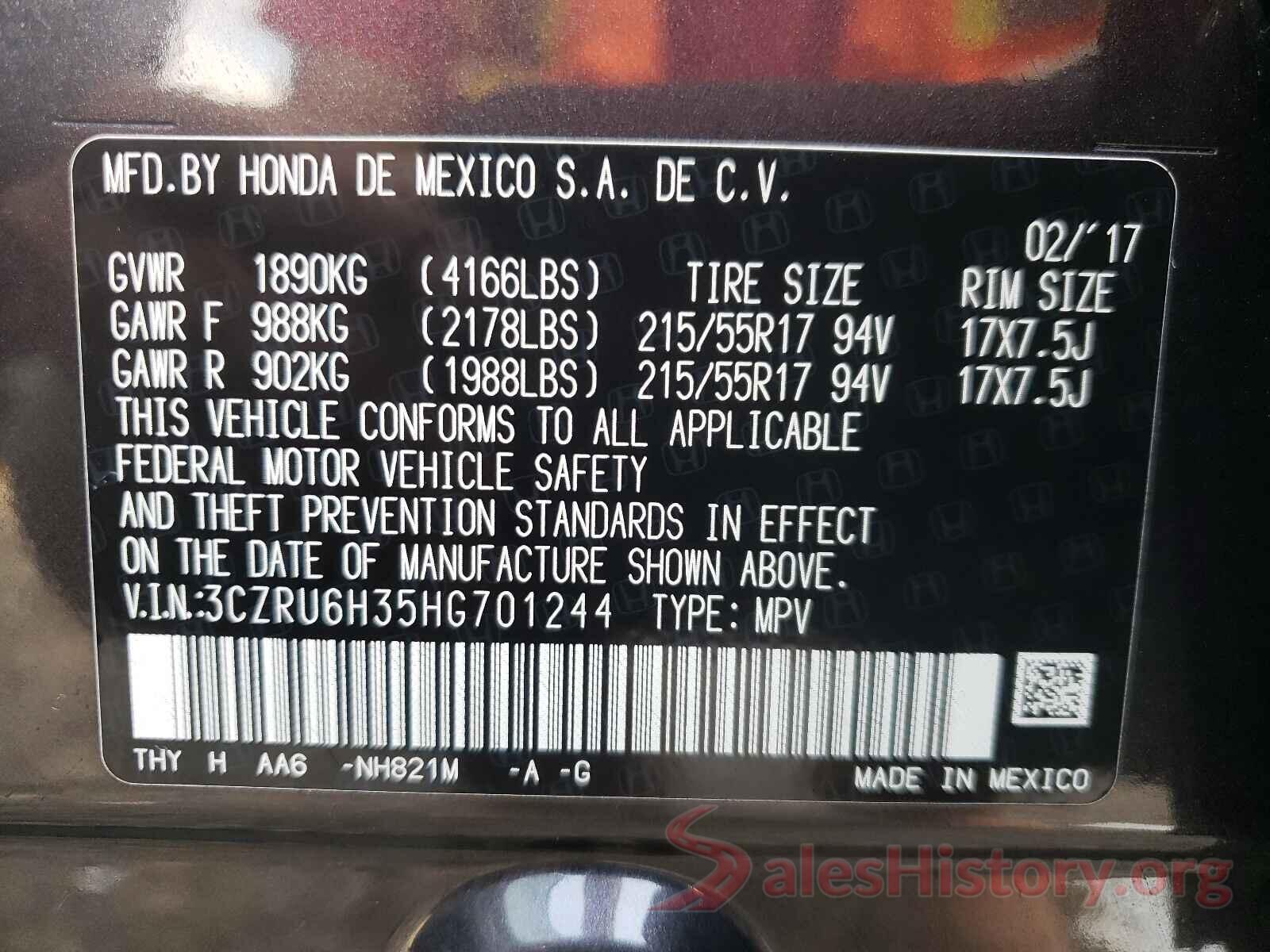 3CZRU6H35HG701244 2017 HONDA HR-V