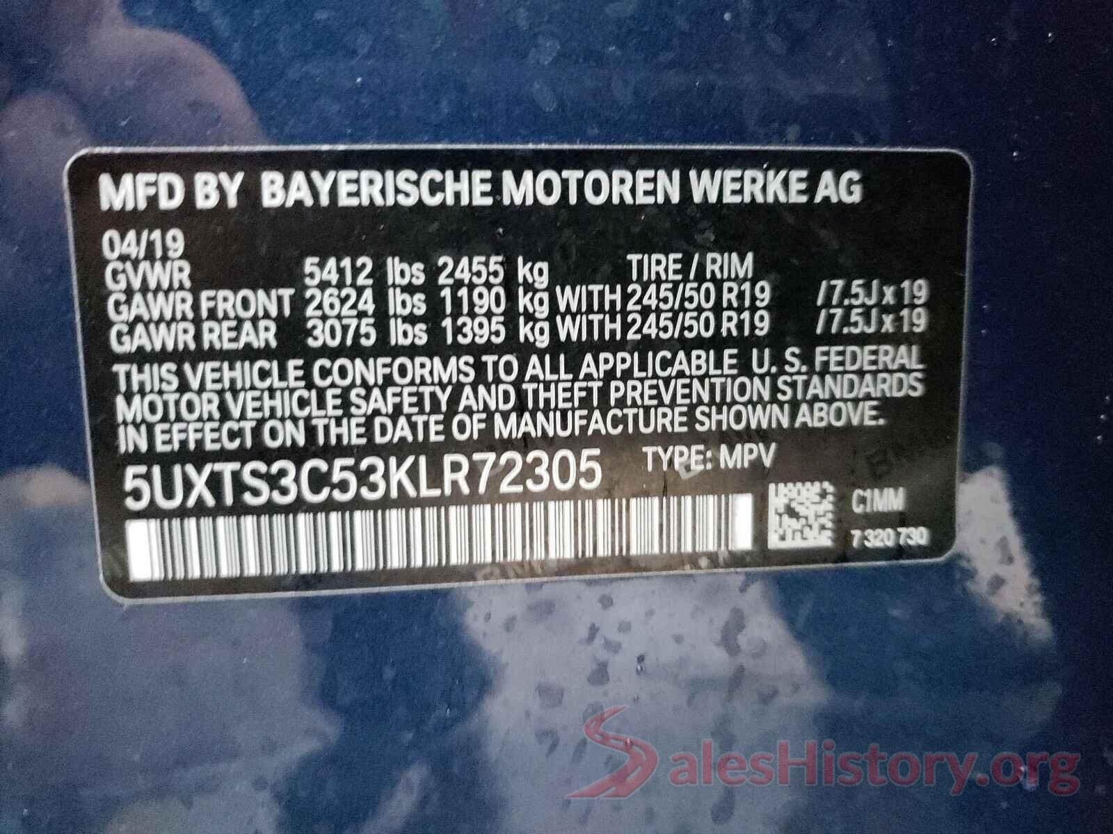 5UXTS3C53KLR72305 2019 BMW X3