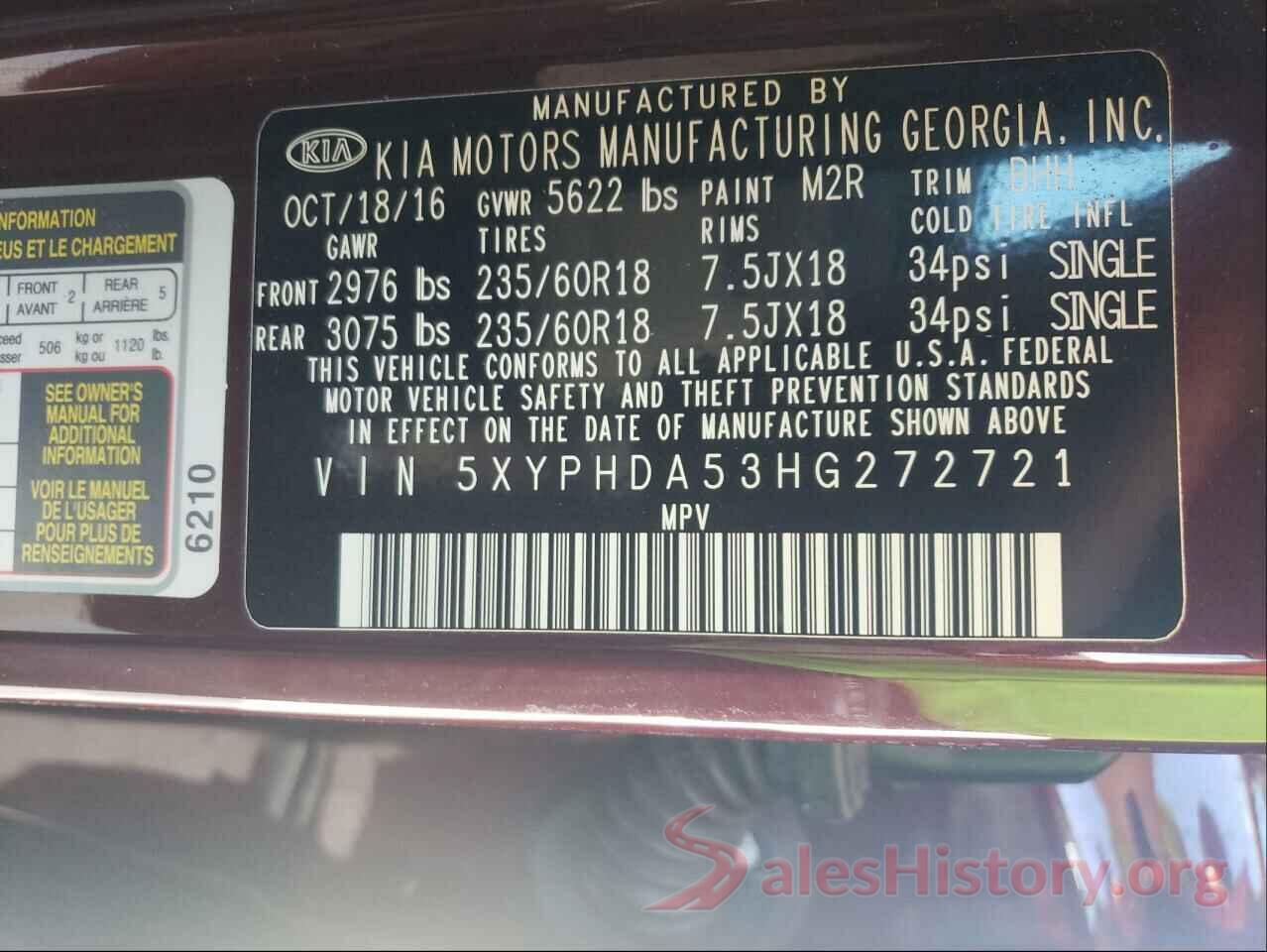 5XYPHDA53HG272721 2017 KIA SORENTO