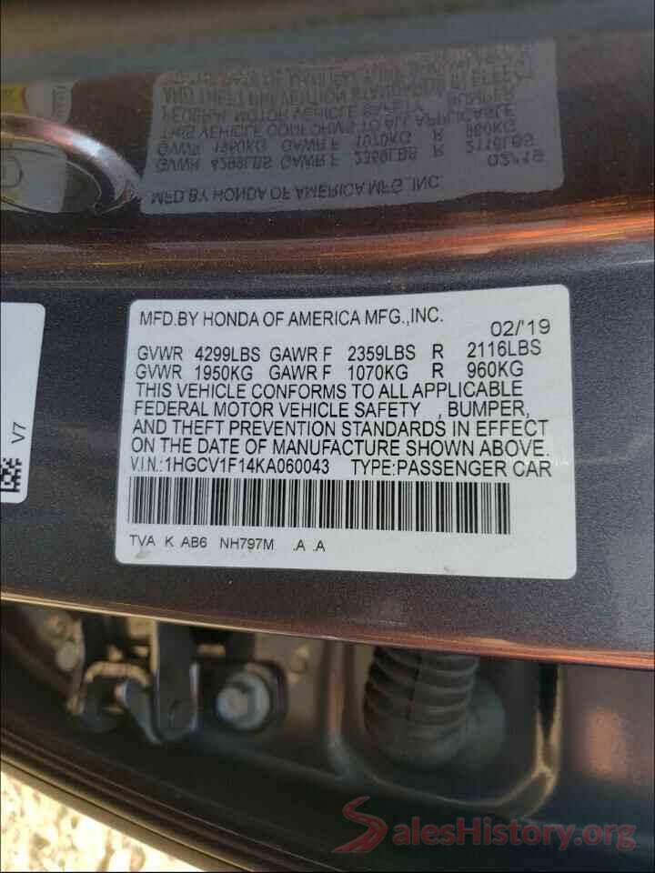 1HGCV1F14KA060043 2019 HONDA ACCORD