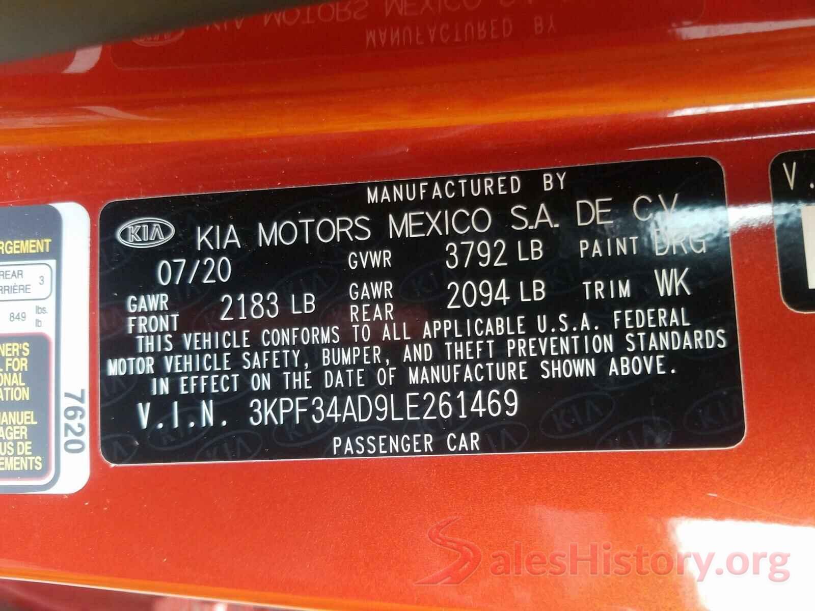 3KPF34AD9LE261469 2020 KIA FORTE