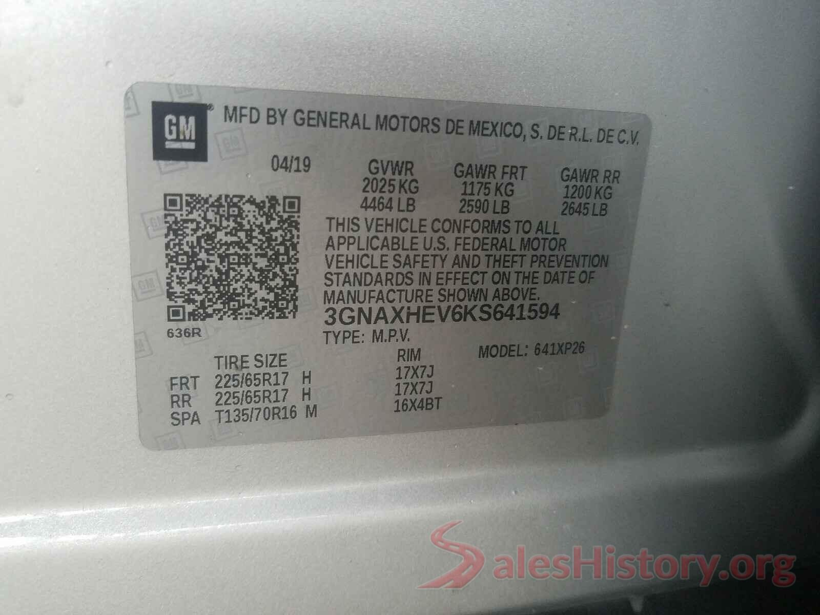 3GNAXHEV6KS641594 2019 CHEVROLET EQUINOX