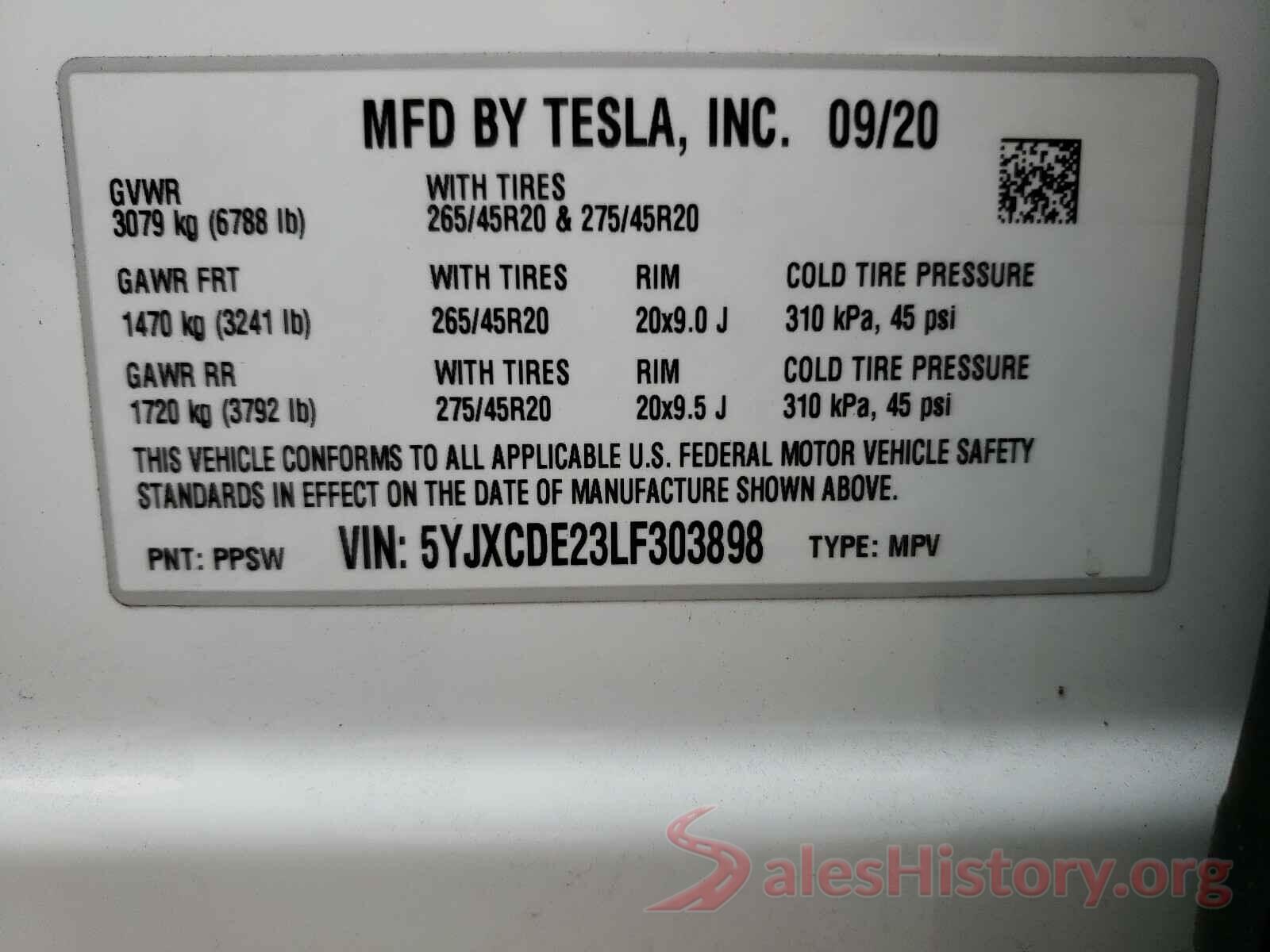 5YJXCDE23LF303898 2020 TESLA MODEL X