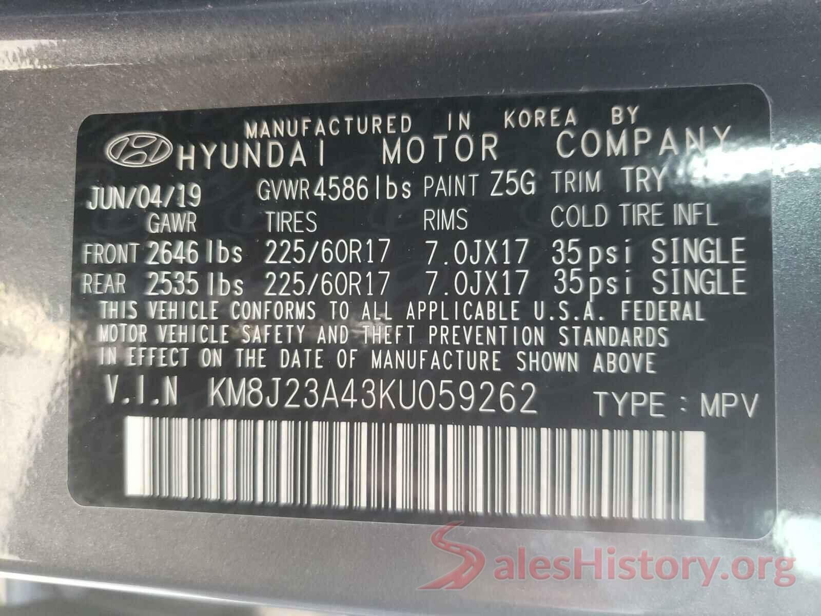 KM8J23A43KU059262 2019 HYUNDAI TUCSON