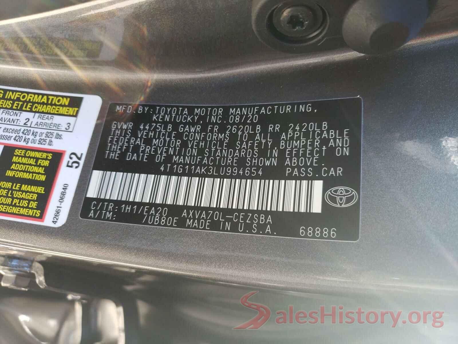 4T1G11AK3LU994654 2020 TOYOTA CAMRY