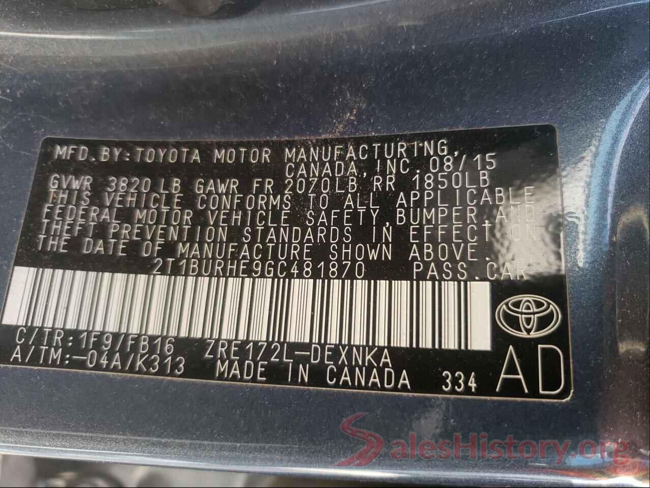 2T1BURHE9GC481870 2016 TOYOTA COROLLA