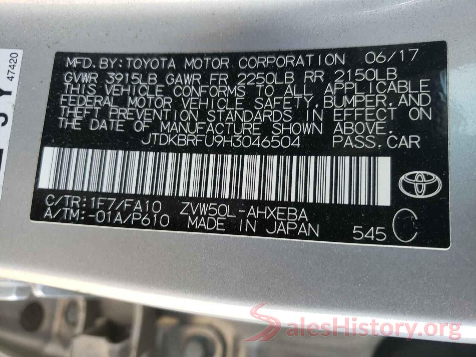 JTDKBRFU9H3046504 2017 TOYOTA PRIUS