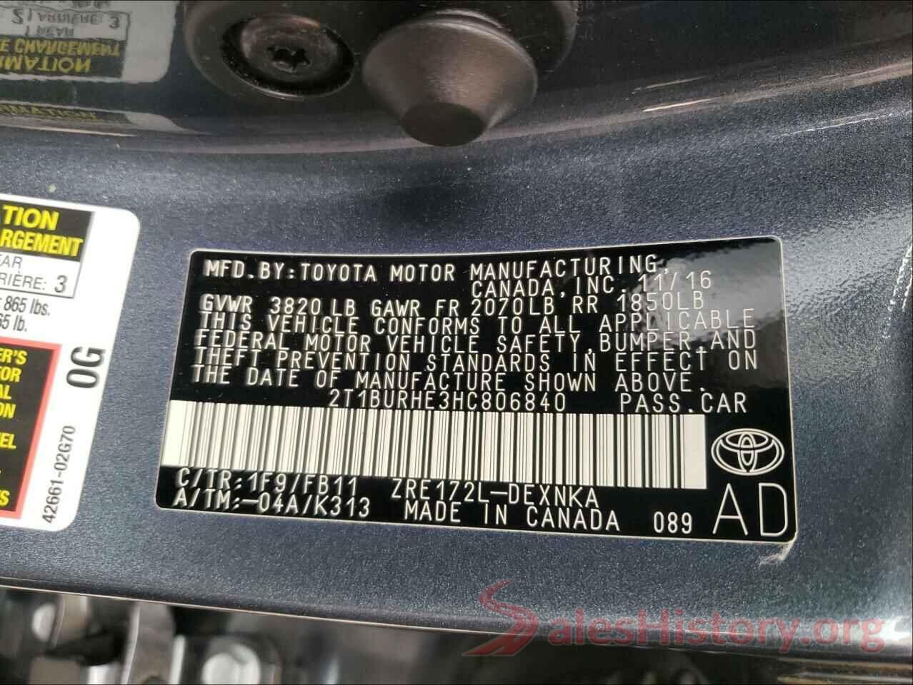 2T1BURHE3HC806840 2017 TOYOTA COROLLA