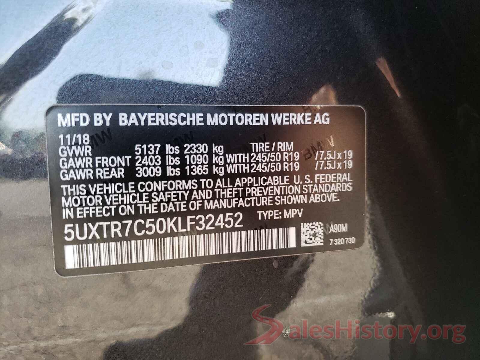 5UXTR7C50KLF32452 2019 BMW X3