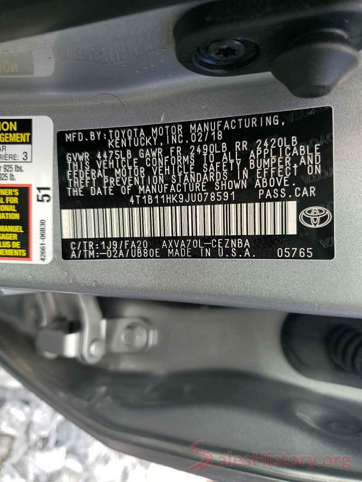 4T1B11HK9JU078591 2018 TOYOTA CAMRY