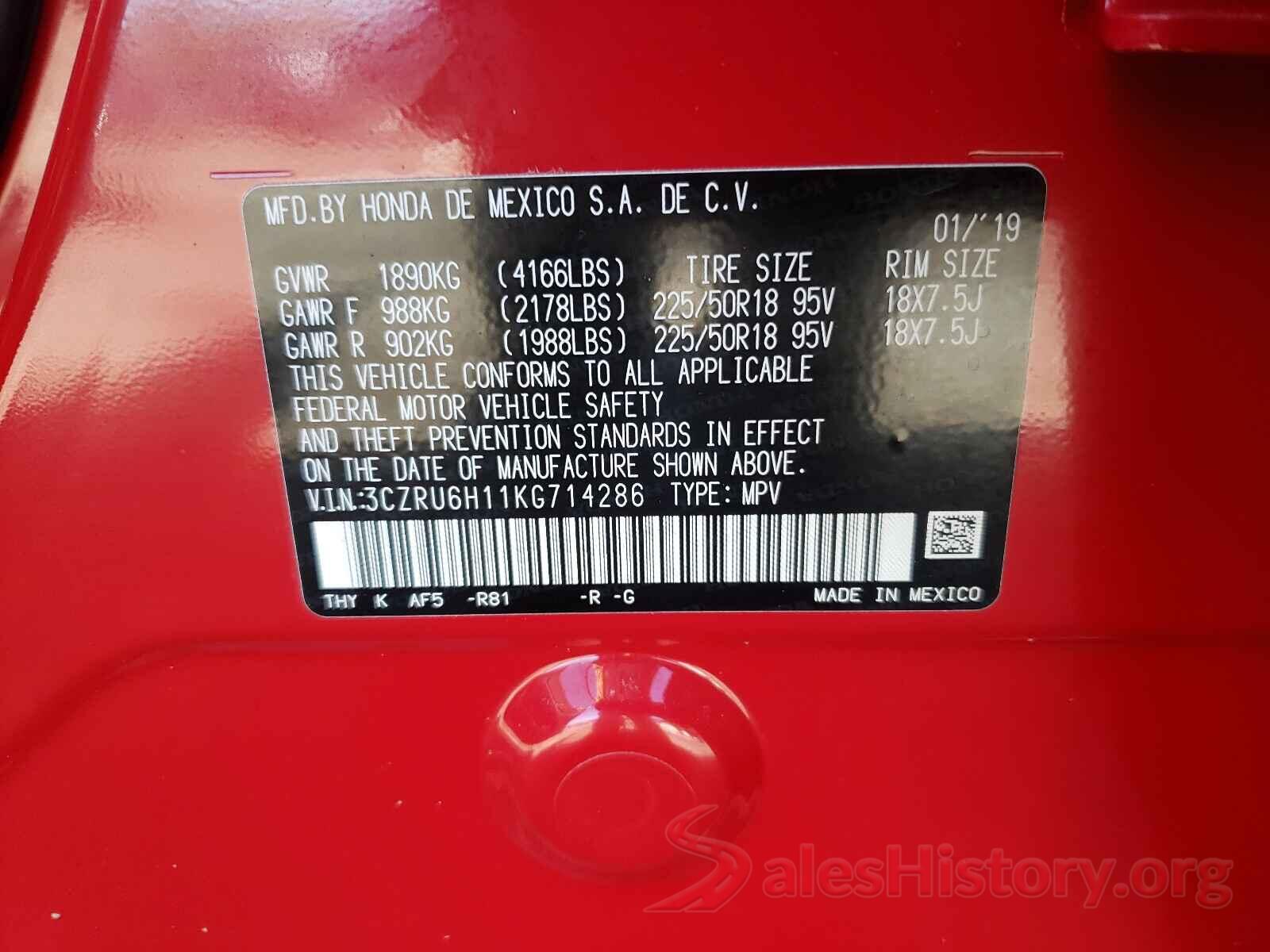 3CZRU6H11KG714286 2019 HONDA HR-V