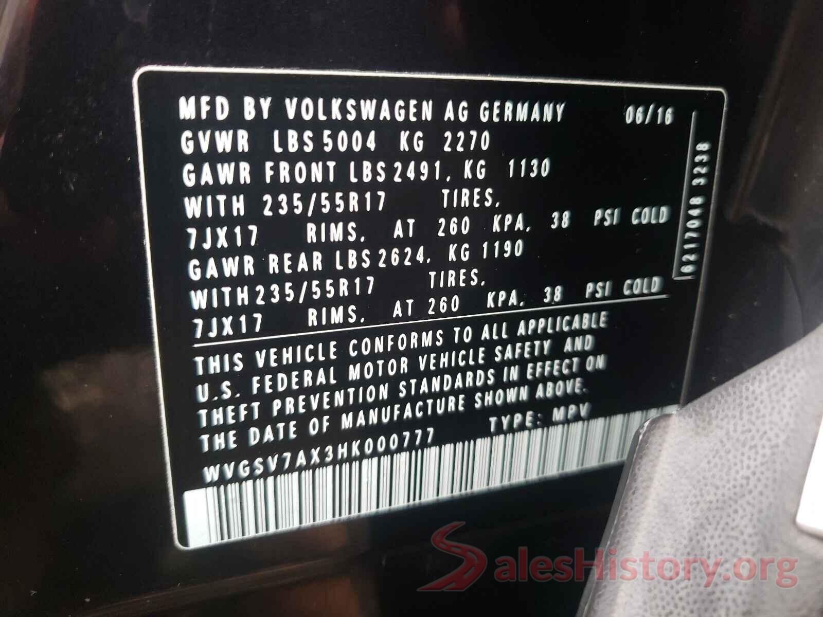 WVGSV7AX3HK000777 2017 VOLKSWAGEN TIGUAN