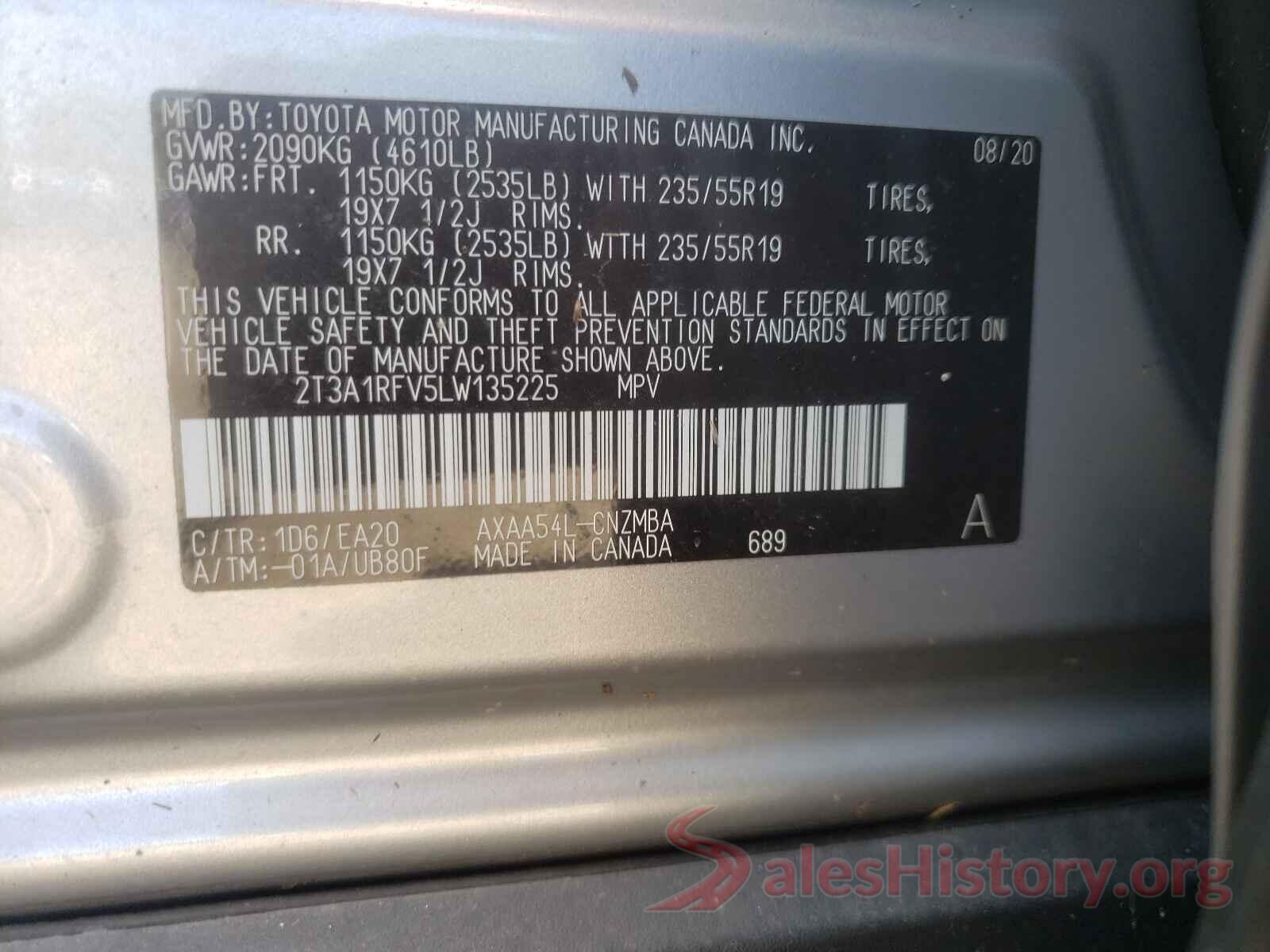 2T3A1RFV5LW135225 2020 TOYOTA RAV4